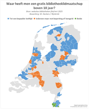 Kaartje van Nederland waarop te zien is in welke gemeenten er gratis lidmaatschap boven de 18 jaar is